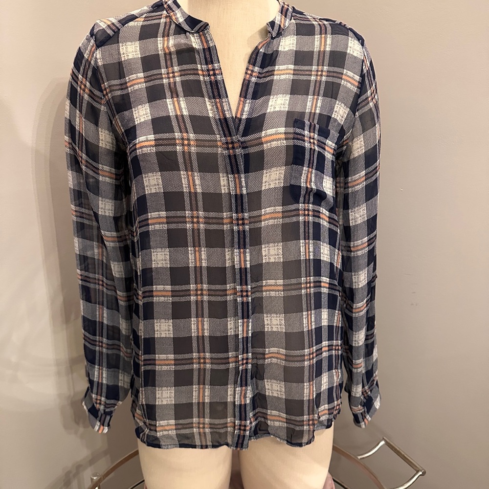 Joie Women's Blue, Coral & White Plaid Shirt